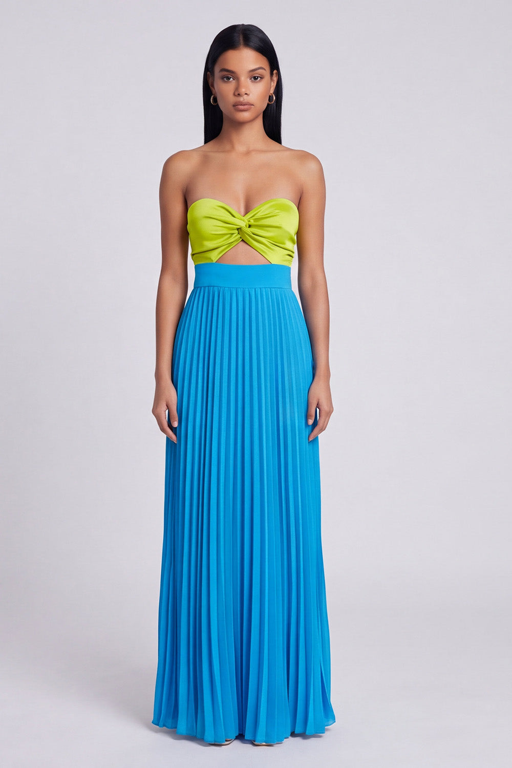 Strapless Green and Blue ColorBlock Pleated A Line Formal Dress