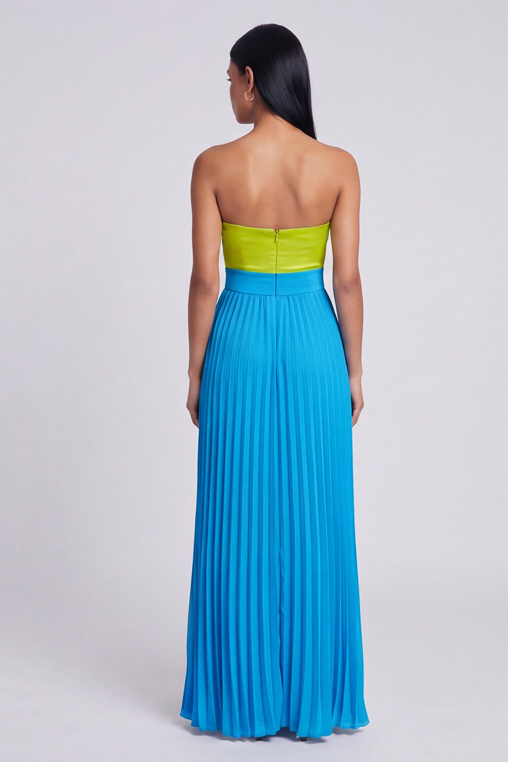Strapless Green and Blue ColorBlock Pleated A Line Formal Dress