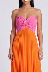 Strapless Pink and Orange ColorBlock Pleated A Line Formal Dress