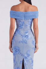 Blue Off the Shoulder Appliqued Bodycon Wedding Guest Dress
