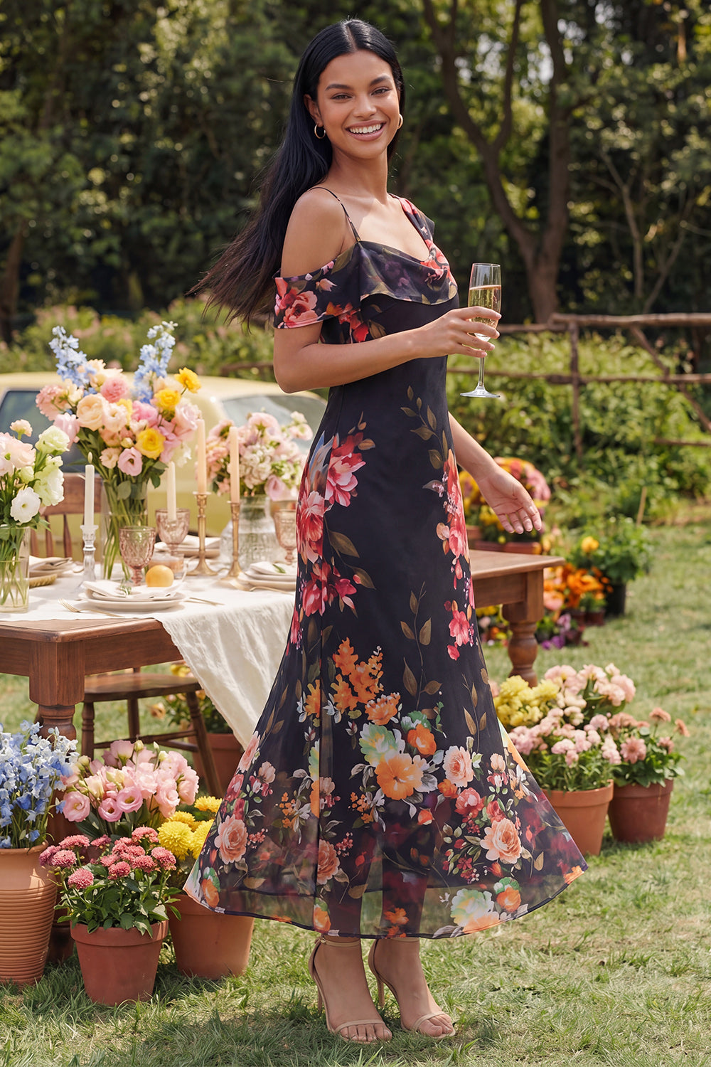 Asymmetrical Neck Printed Champagne Maxi Wedding Guest Dress