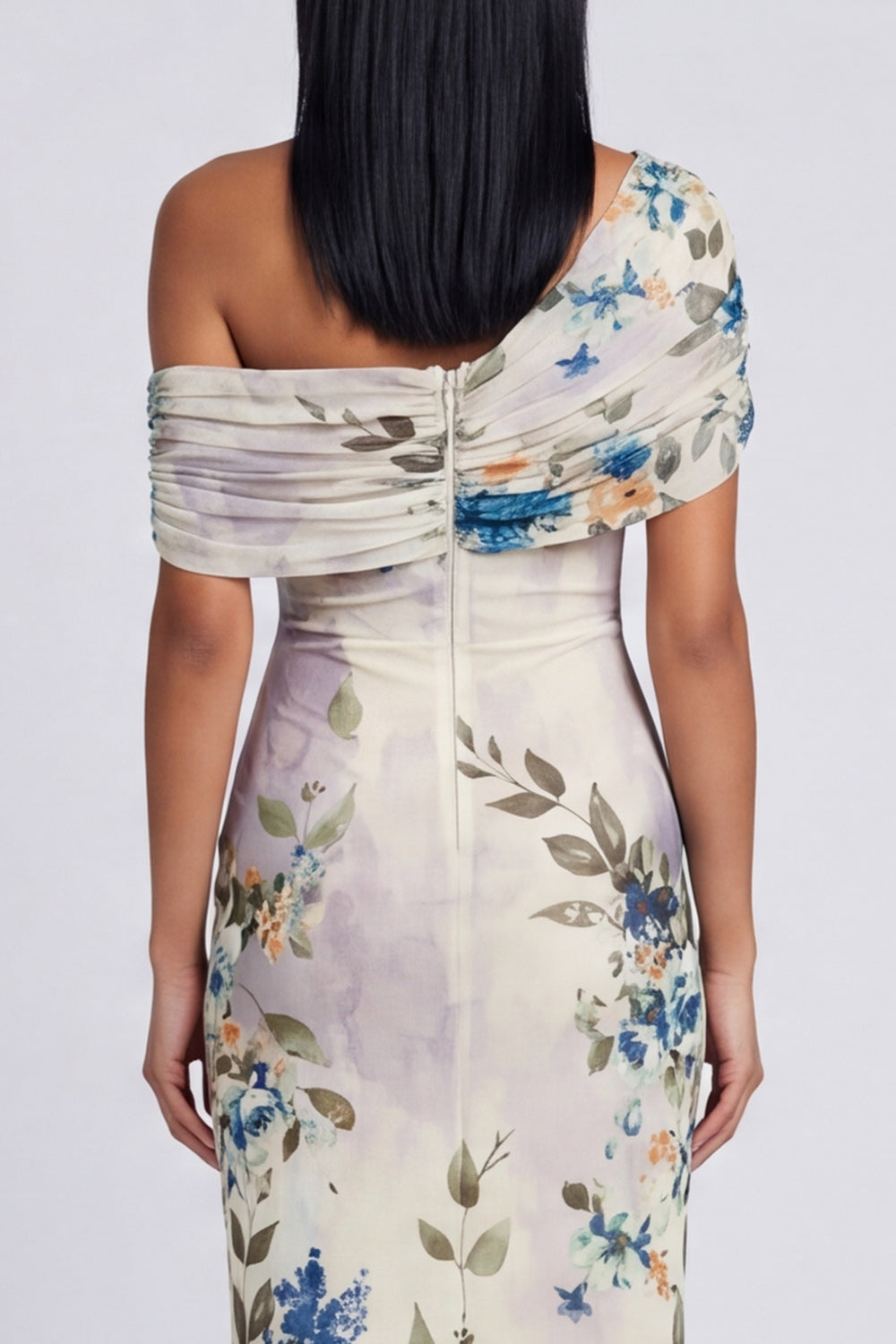 Ivory Asymmetrical Neck Printed Ruched Sheath Wedding Guest Dress