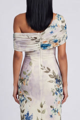 Ivory Asymmetrical Neck Printed Ruched Sheath Wedding Guest Dress