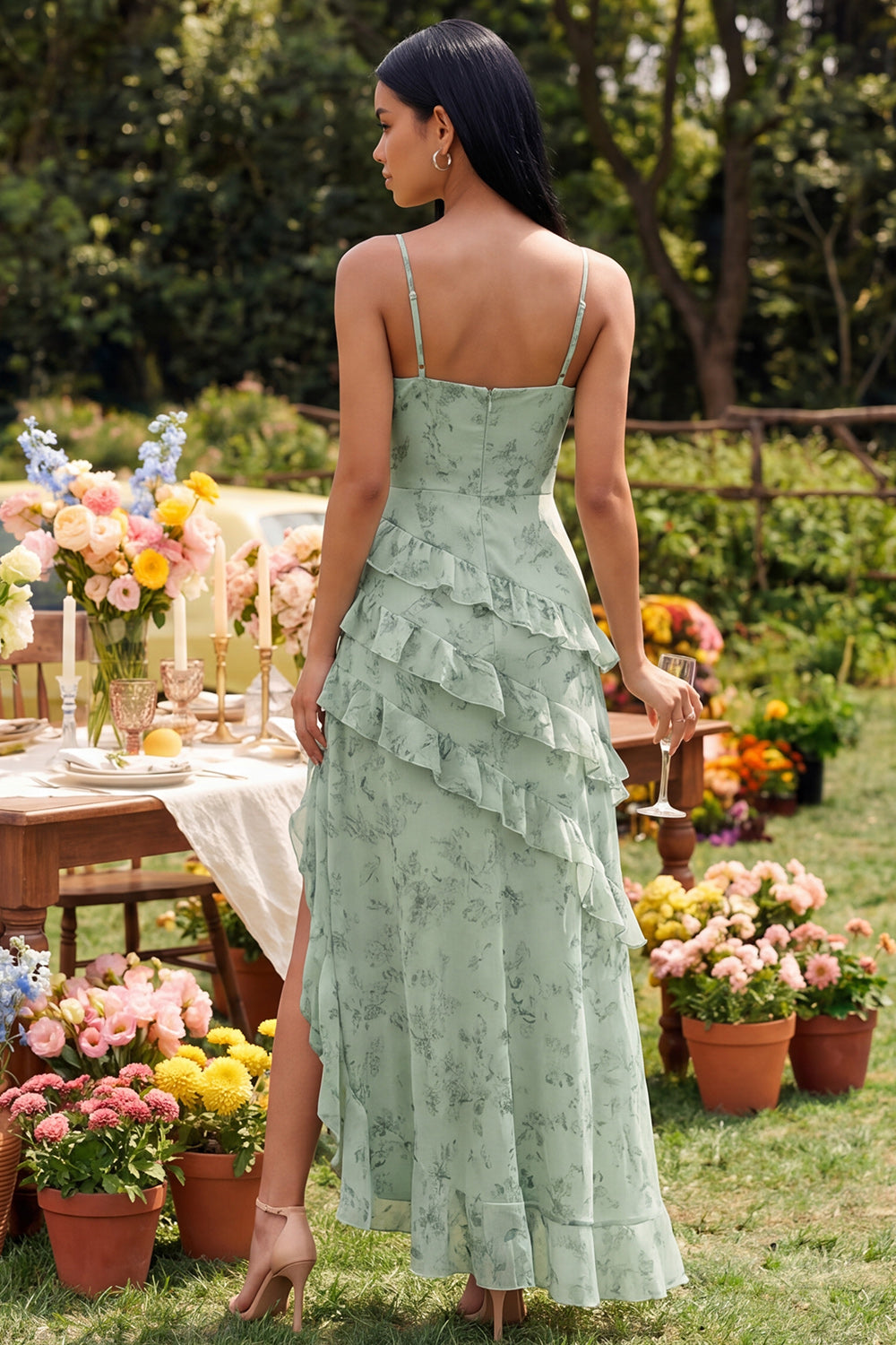 Dusty Sage A Line Maxi Wedding Guest Dress with Ruffles
