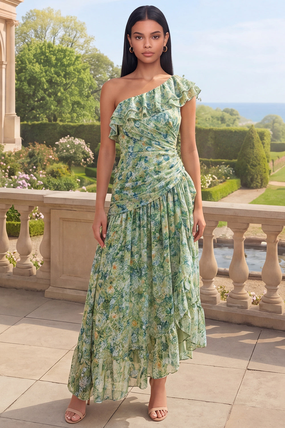 One Shoulder Dusty Green A Line Ruched Ruffled Wedding Guest Dress
