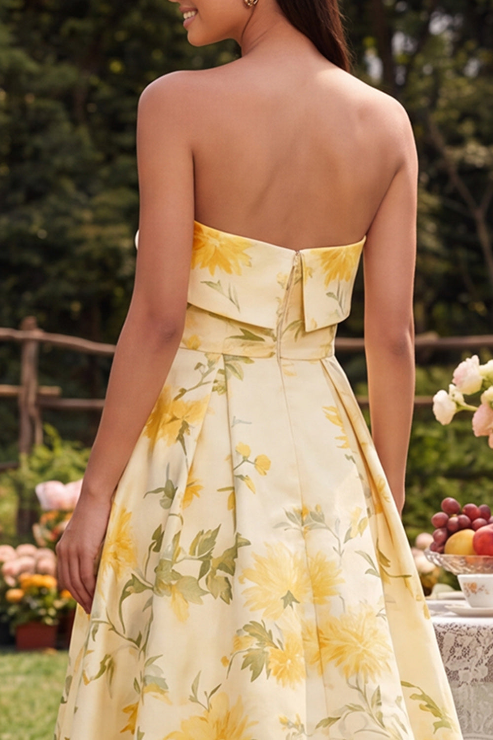 Yellow Strapless A Line Ruffled High Low Wedding Guest Dress