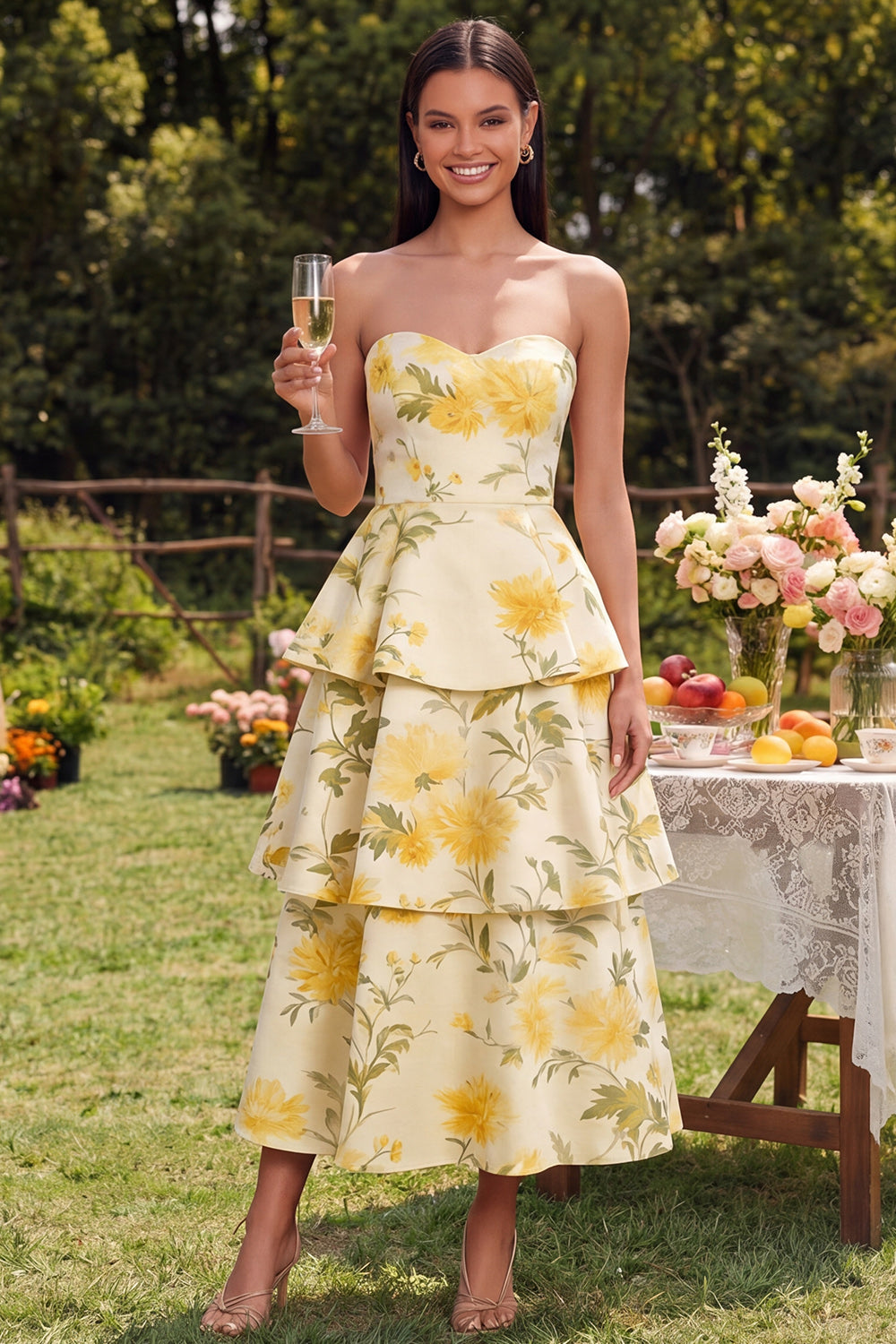 Strapless Yellow A Line Printed Tiered Wedding Guest Dress