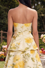 Strapless Yellow A Line Printed Tiered Wedding Guest Dress