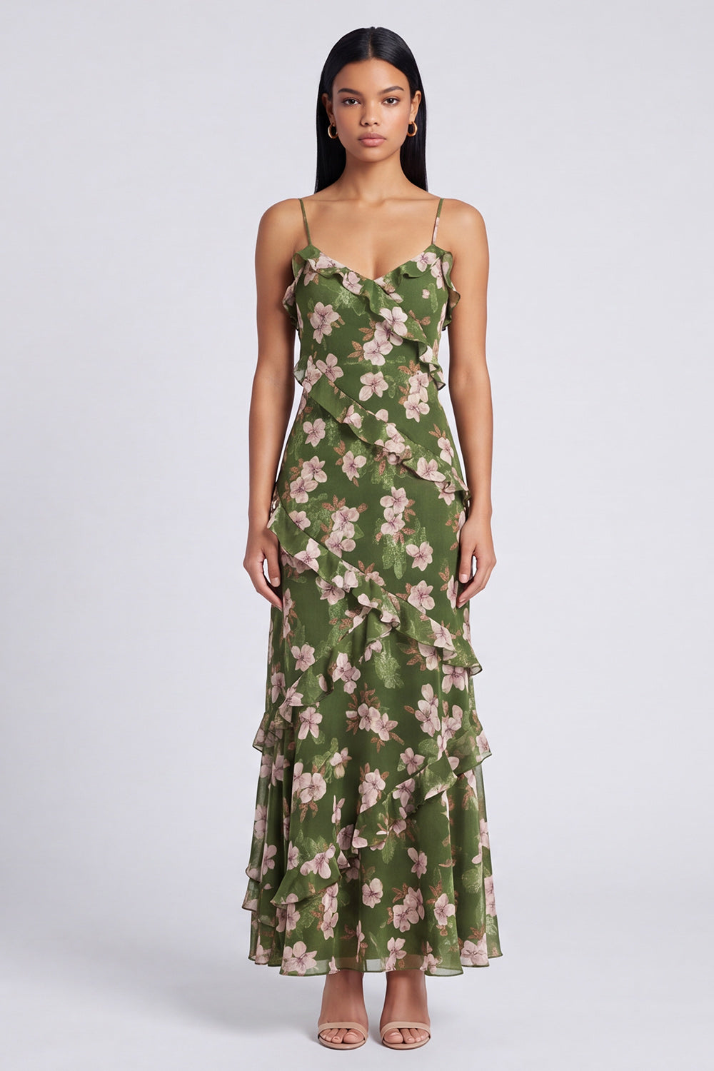 Dark Green Printed Ruffled Sheath Wedding Guest Dress