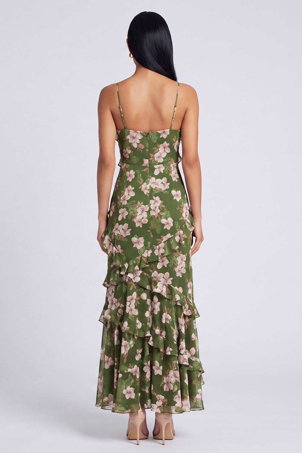 Dark Green Printed Ruffled Sheath Wedding Guest Dress