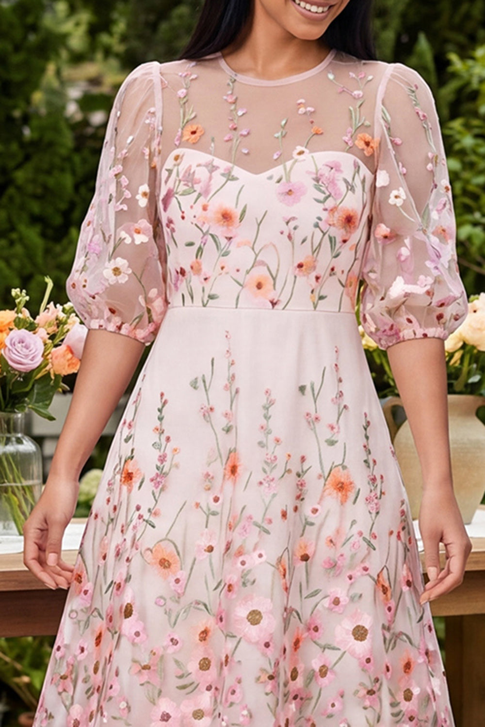 Floral Pink Round Neck A Line Midi Wedding Guest Dress