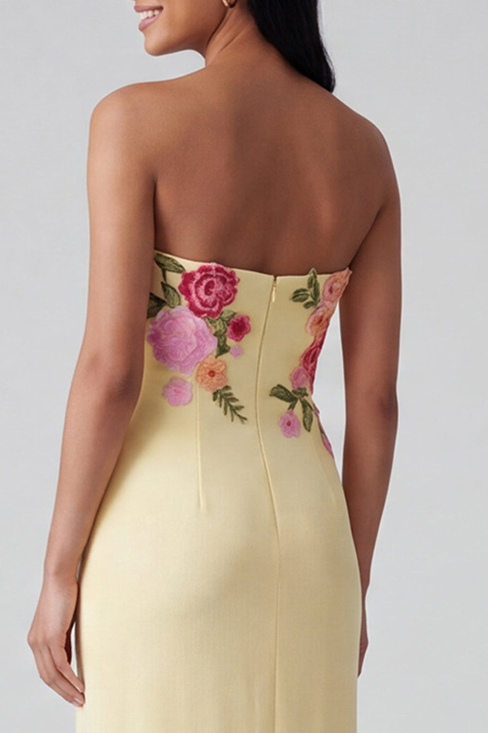 Strapless Light Yellow Printed Sheath Wedding Guest Dress