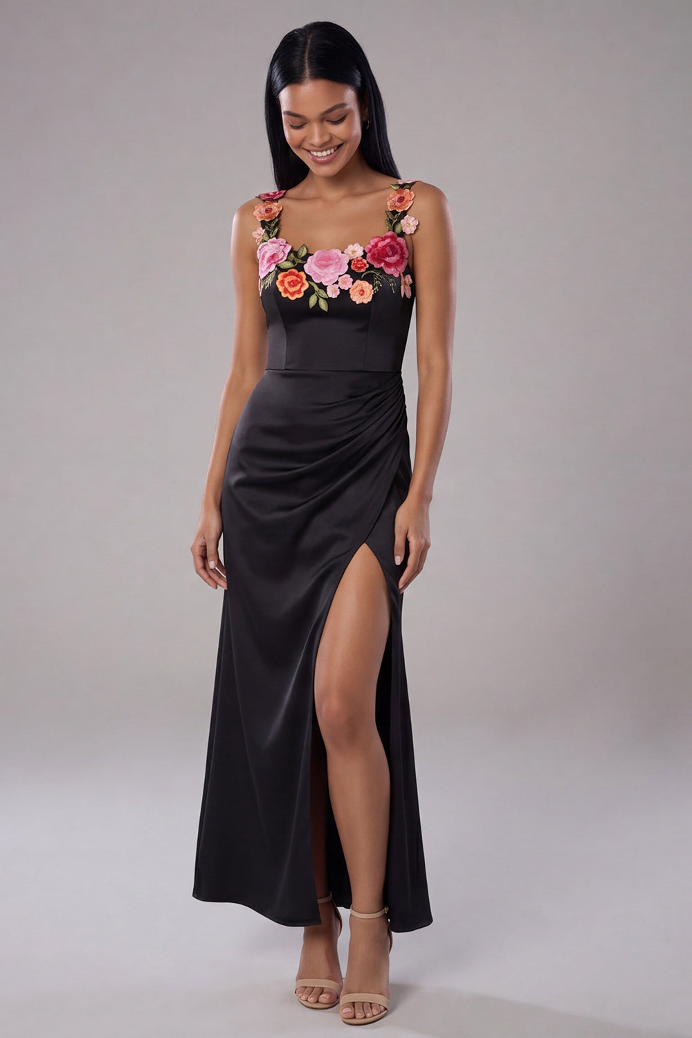 Black Floral Appliqued Mermaid Wedding Guest Dress with Slit