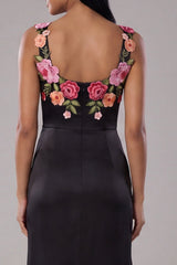 Black Floral Appliqued Mermaid Wedding Guest Dress with Slit