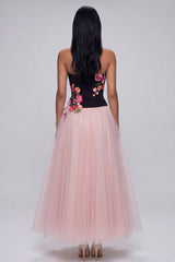 Black and Pink Floral Strapless A Line Tulle Wedding Guest Dress