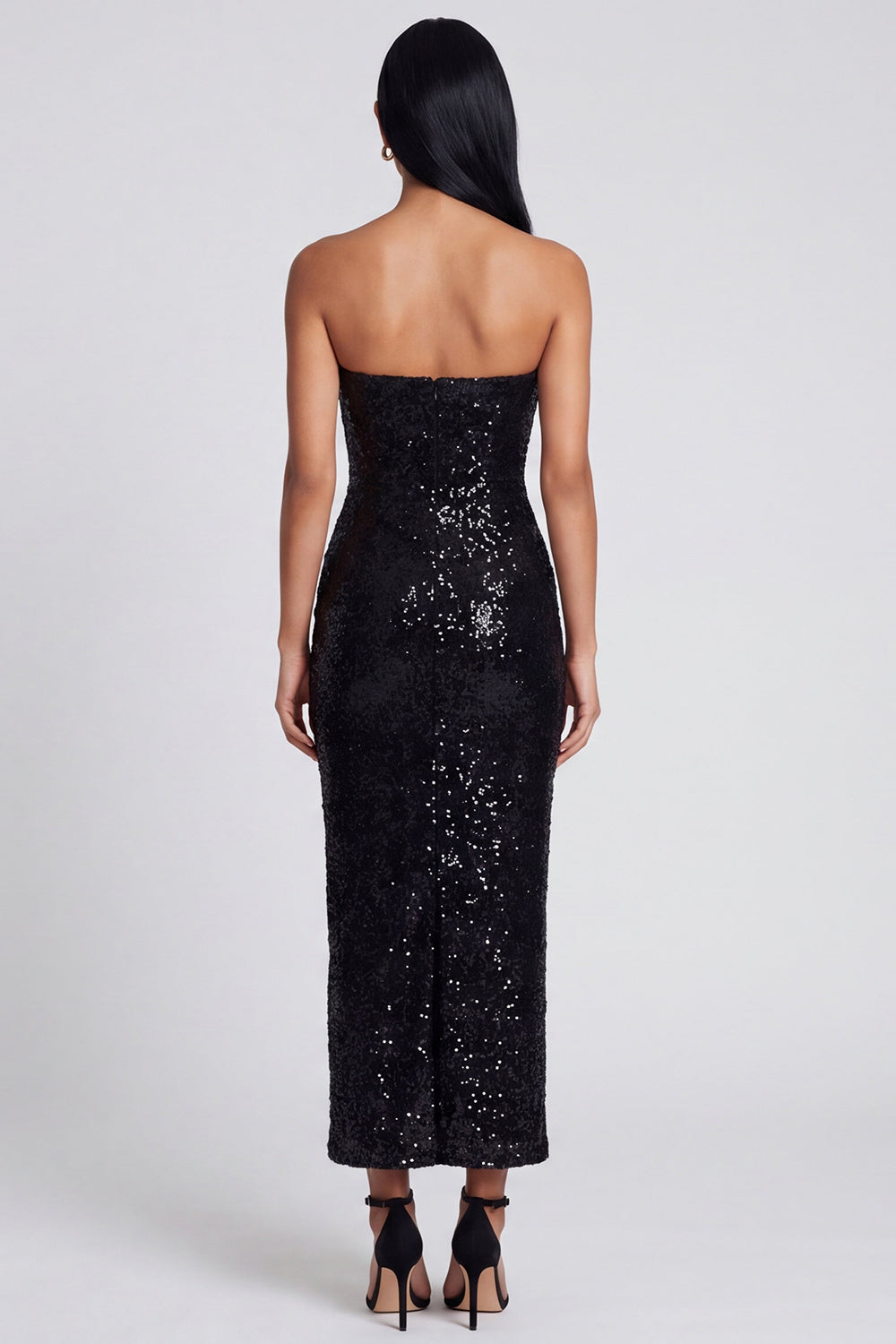 Sparkly Strapless Black Floral Bodycon Maxi Wedding Guest Dress
