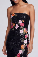 Sparkly Strapless Black Floral Bodycon Maxi Wedding Guest Dress