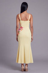 Floral Light Yellow Appliqued Mermaid Wedding Guest Dress