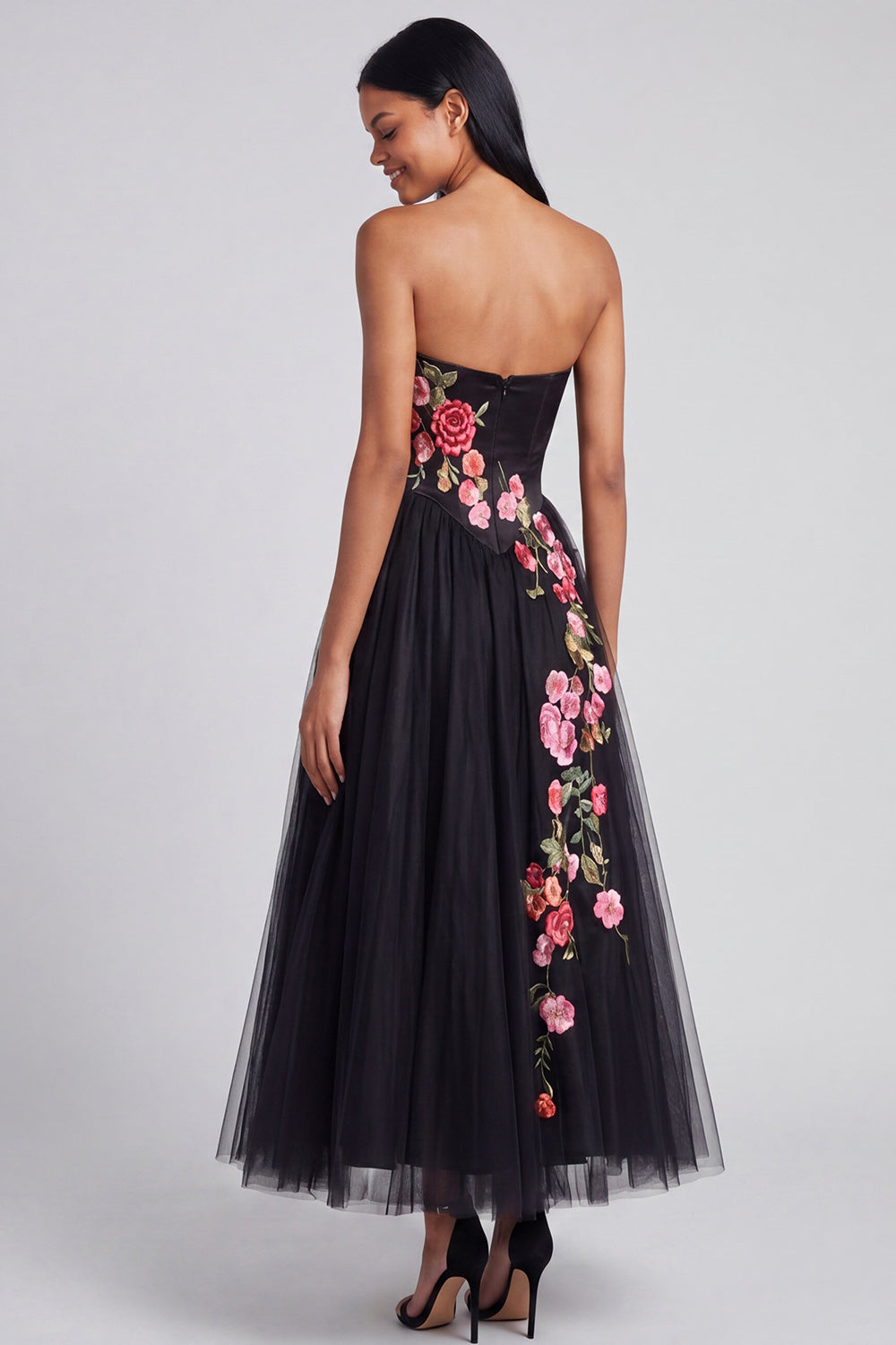 Strapless Floral Corset Pleated A Line Black Wedding Guest Dress