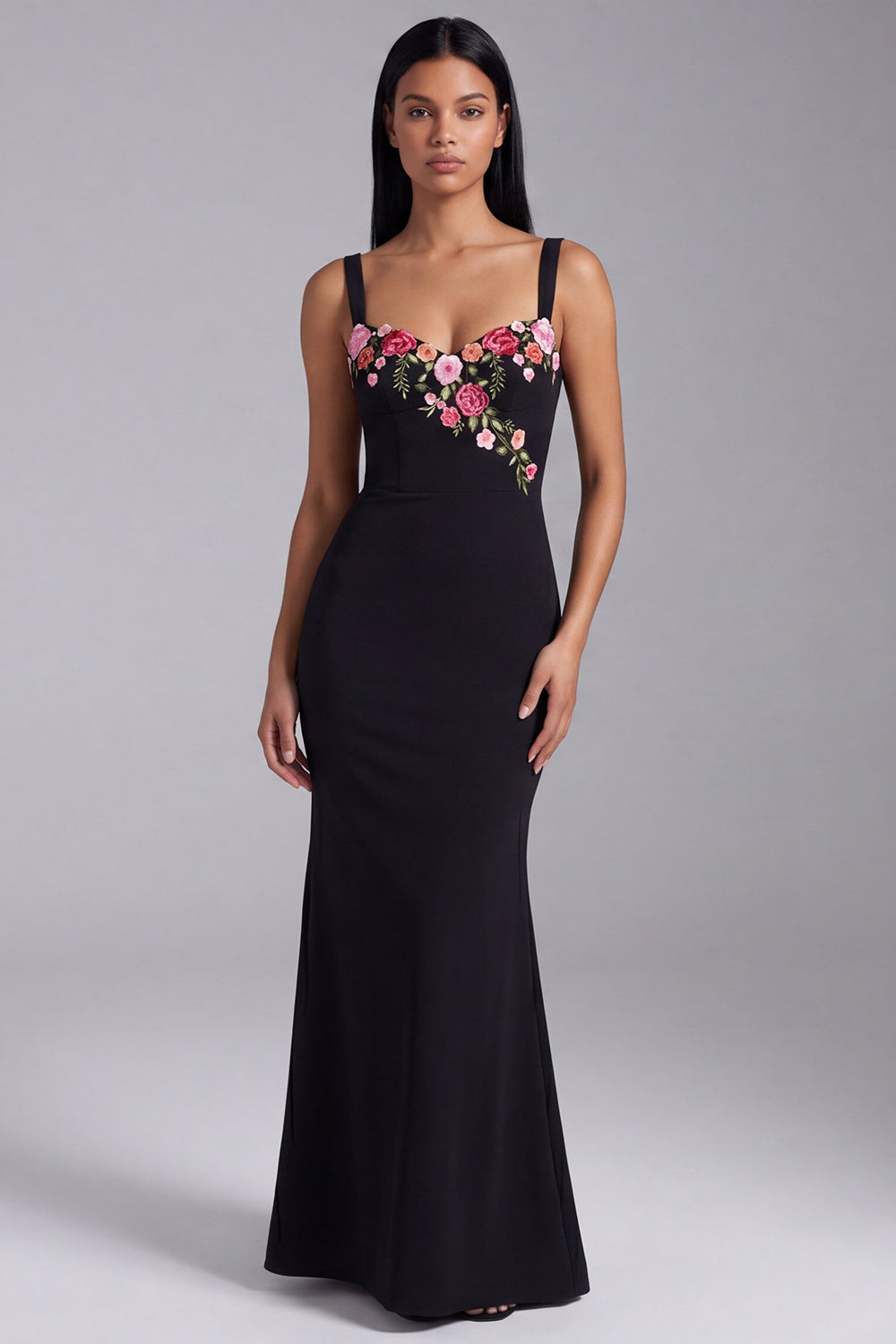 Mermaid Floral Black Maxi Wedding Guest Dress