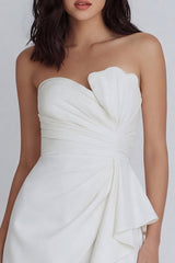 Strapless Ruffled Ruched Mini White Dress