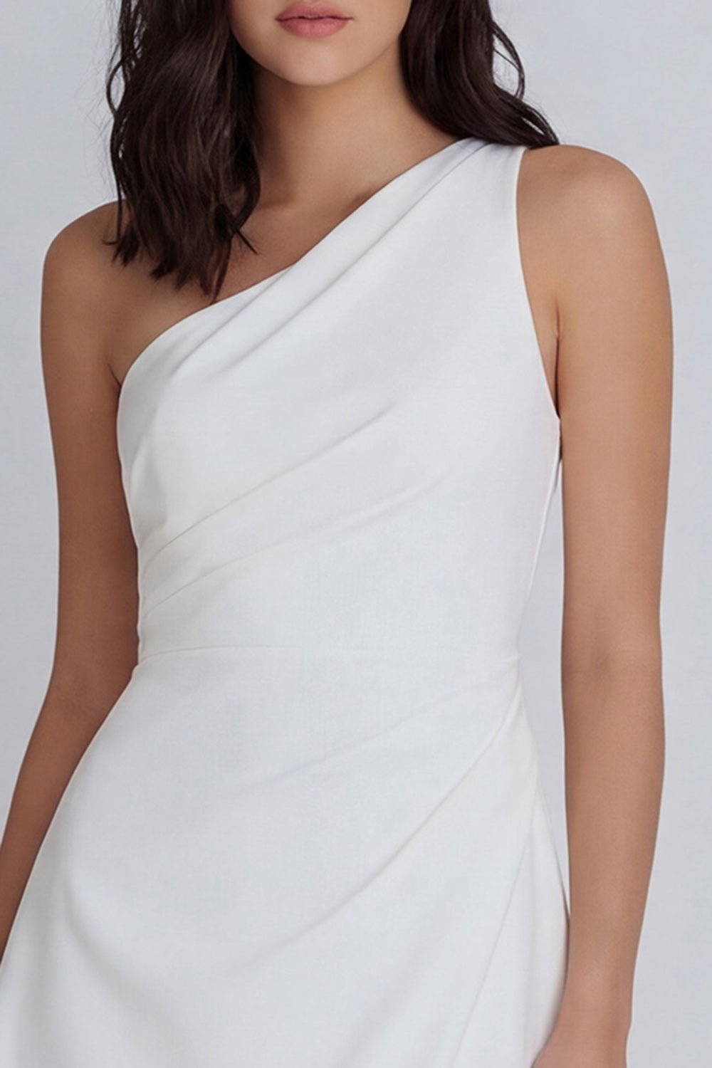 One Shoulder Ruched A Line Mini White Dress
