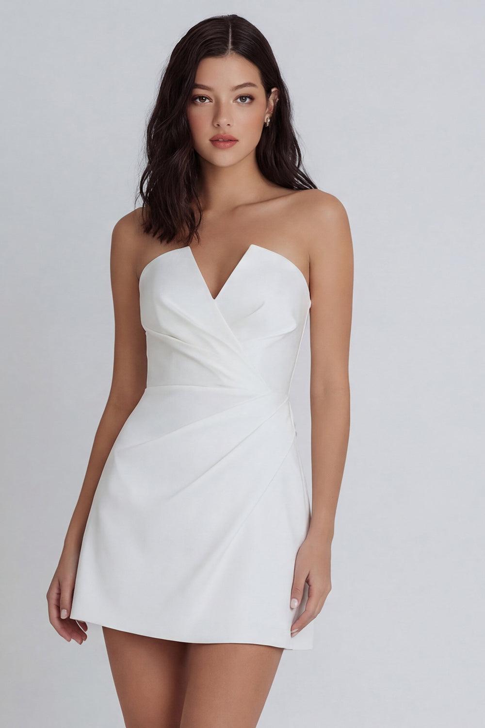 Strapless Ruched A Line Mini White Dress