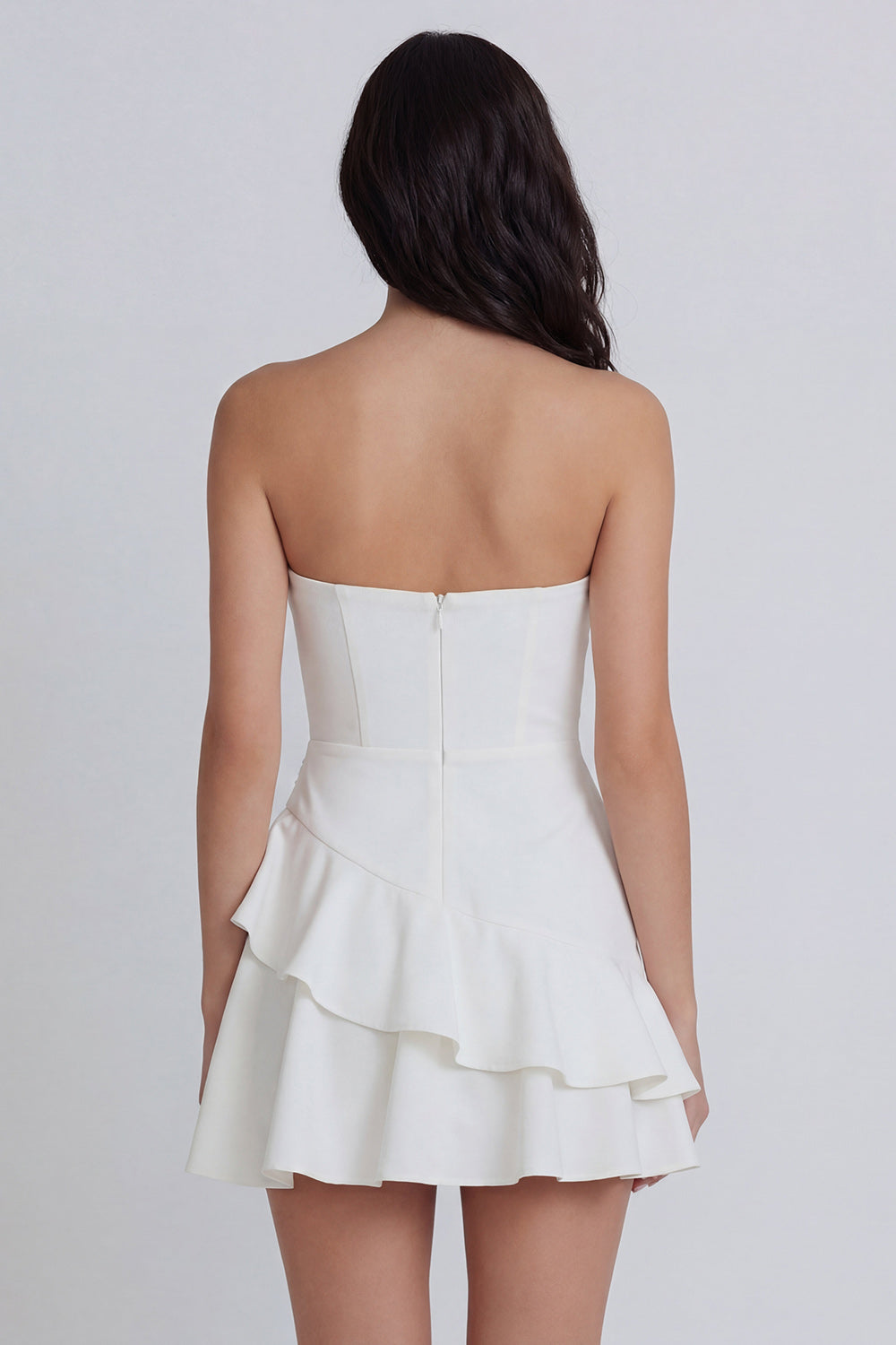 Ruffled A Line Strapless Mini White Dress