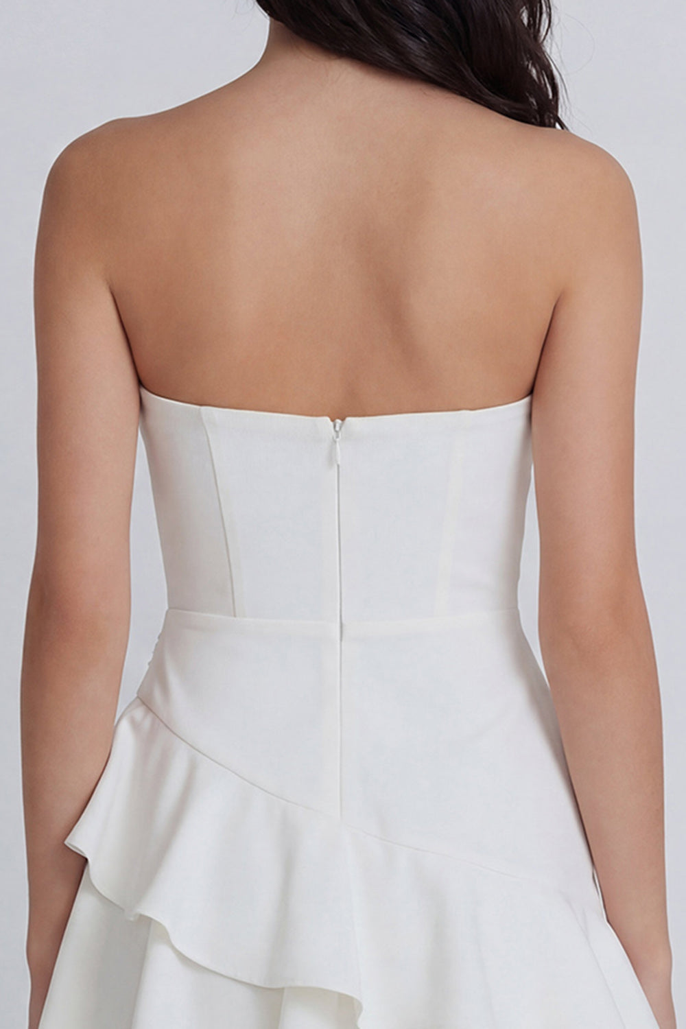 Ruffled A Line Strapless Mini White Dress