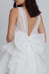 A Line Ruffled V Neck Mini White Dress with Bow