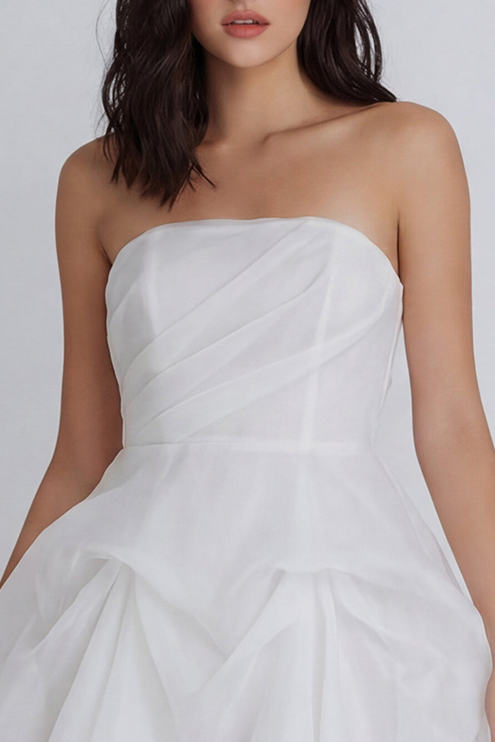 A Line Strapless Ruched Cut Out Mini White Dress with Bow