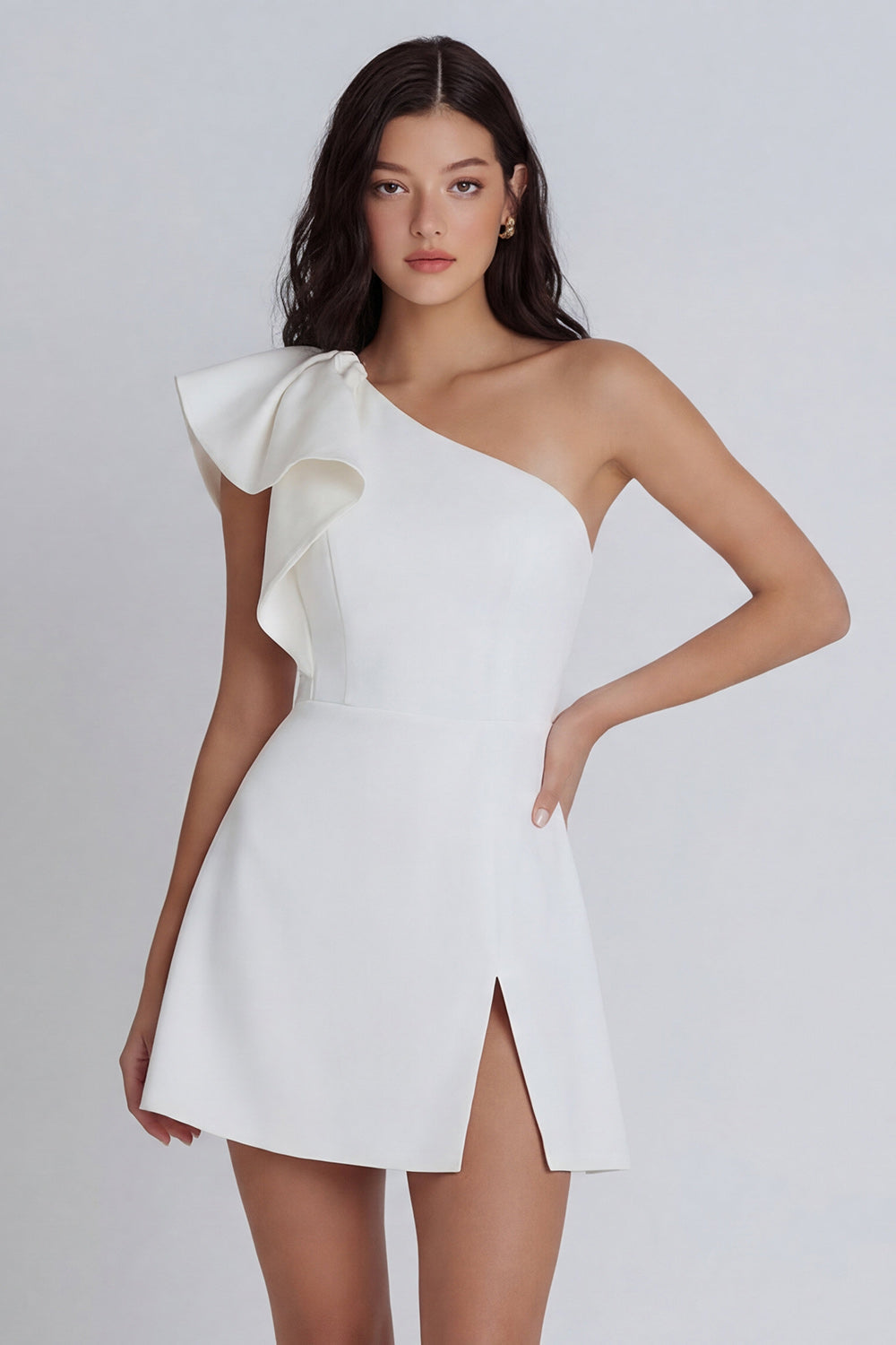 One Shoulder Ruffled A Line Mini White Dress with Slit
