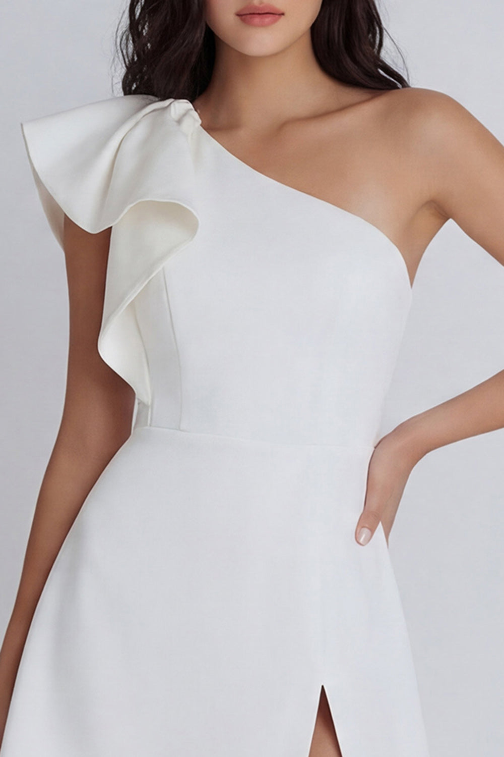 One Shoulder Ruffled A Line Mini White Dress with Slit