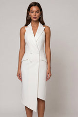 Halter Peaked Lapel White Bodycon Midi Work Dress