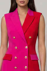 Peaked Lapel ColorBlock Fuchsia and Red Bodycon Mini Work Dress