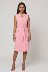 Shawl Lapel Bodycon Pink Midi Work Dress with Sash
