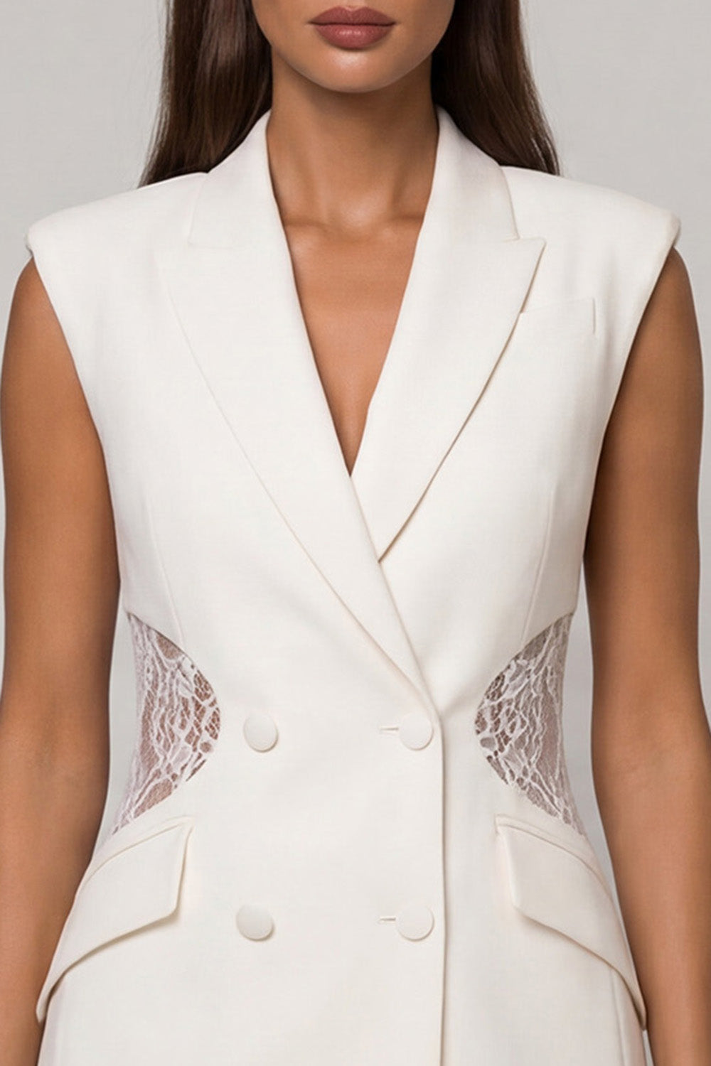 White Peaked Lapel Lace Bodycon Mini Work Dress
