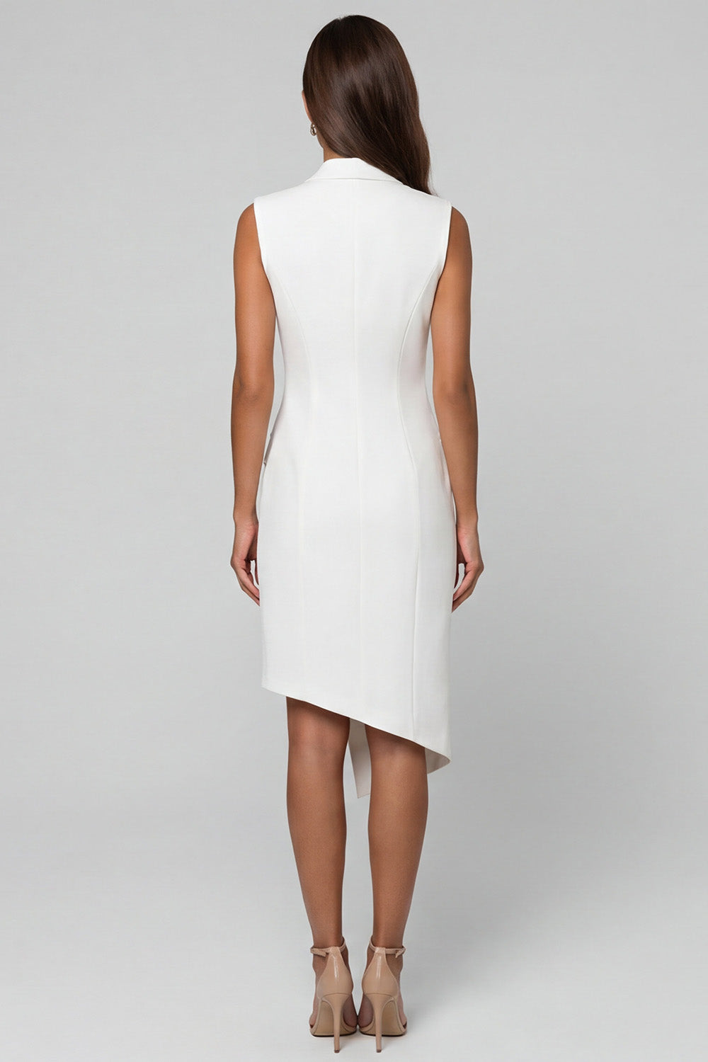 Notched Lapel White Bodycon Sleeveless Midi Work Dress