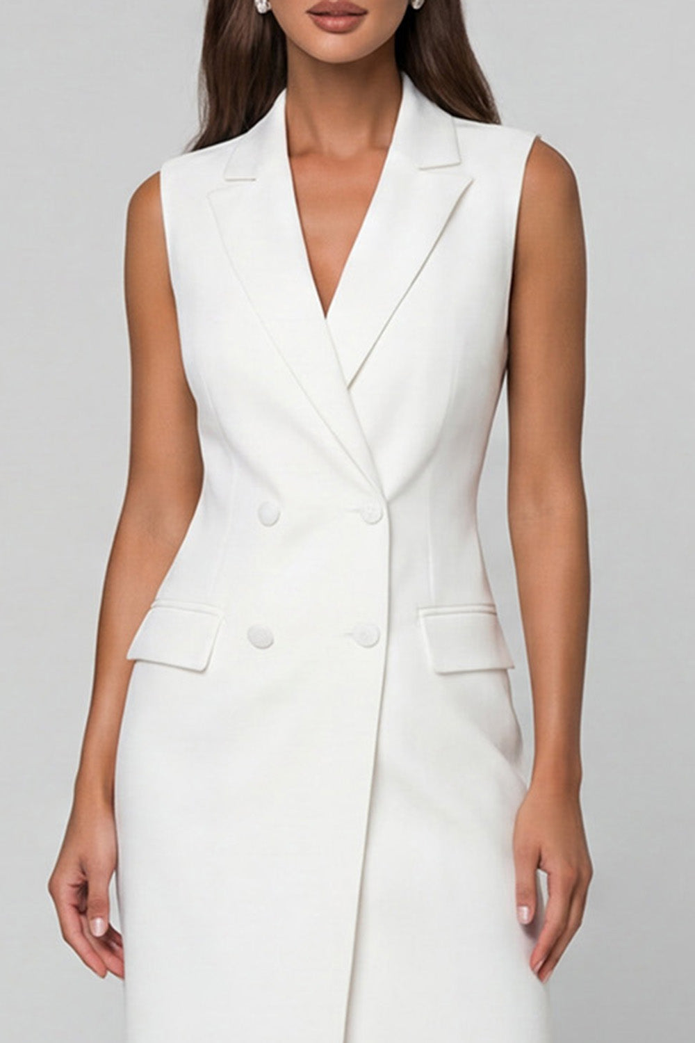 Notched Lapel White Bodycon Sleeveless Midi Work Dress