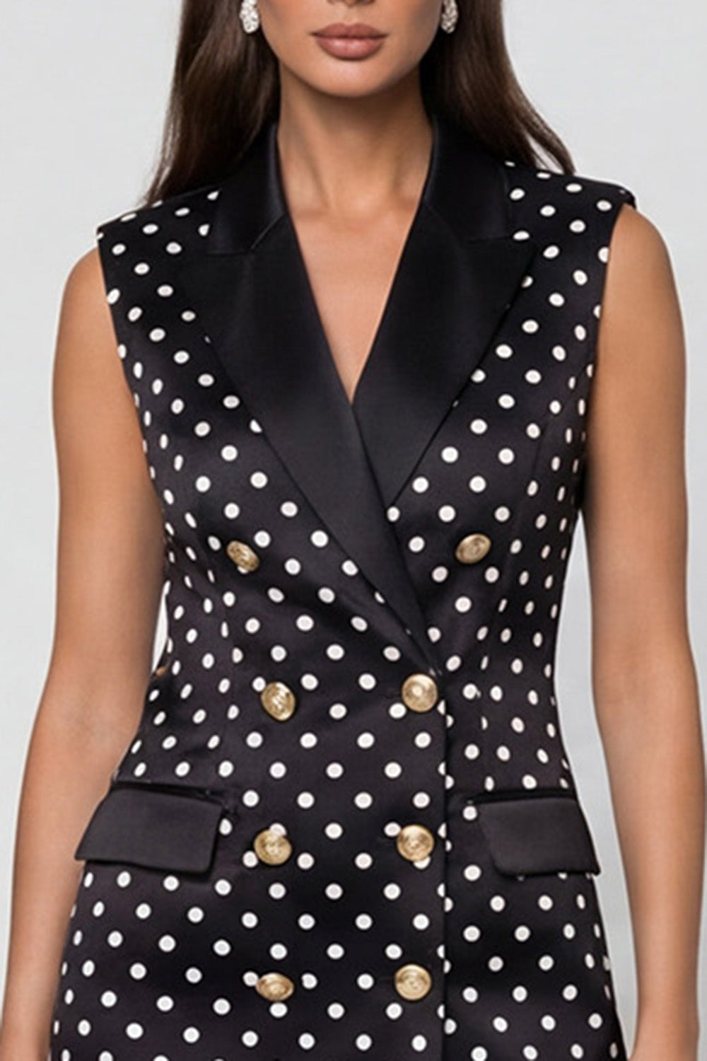 Black Peaked Lapel Polka Dot Sleeveless Bodycon Mini Work Dress