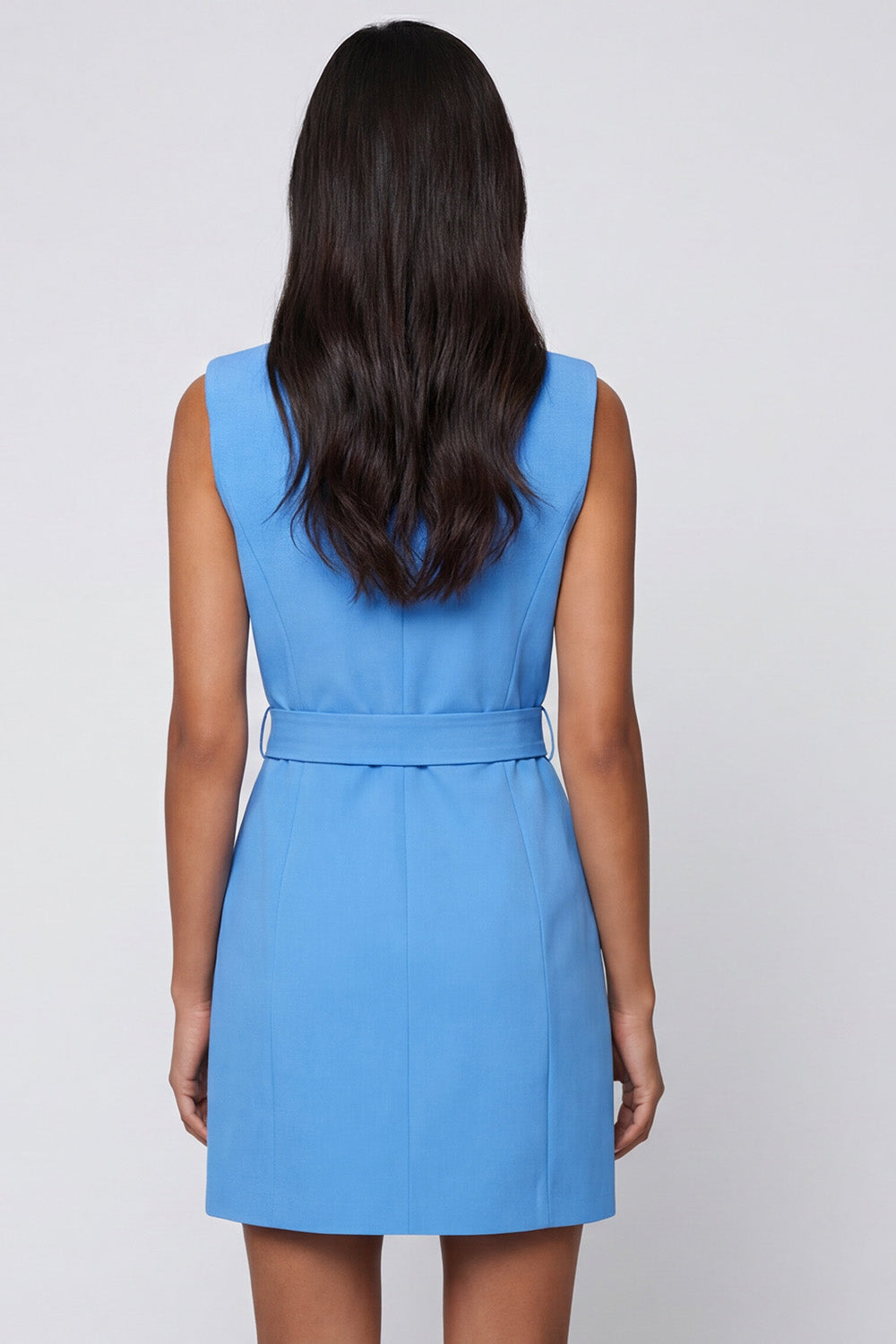 Blue Notched Lapel Bodycon Mini Work Dress with Sash
