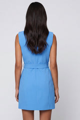 Blue Notched Lapel Bodycon Mini Work Dress with Sash