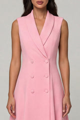 Pink Shawl Lapel A Line Double Breasted Midi Work Dress