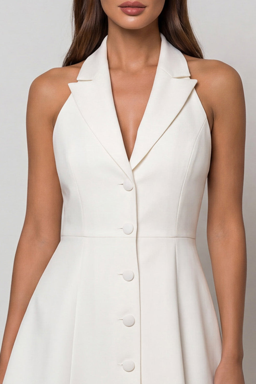 Halter White Peaked Lapel A Line Single Breasted Work Dress