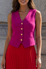 Colorblock 2 Piece Fuchsia and Red Pleated A Line Midi Work Dress
