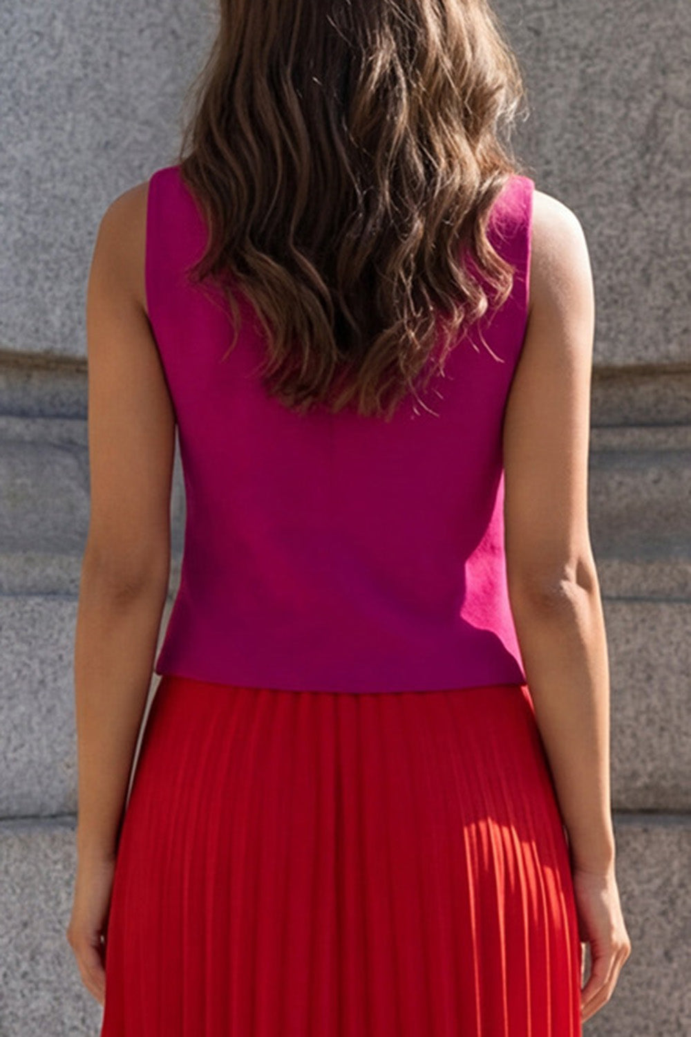 Colorblock 2 Piece Fuchsia and Red Pleated A Line Midi Work Dress