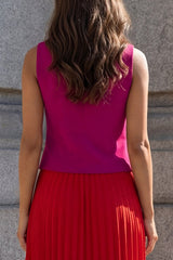 Colorblock 2 Piece Fuchsia and Red Pleated A Line Midi Work Dress