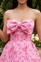 Floral Strapless Fuchsia A Line Mini Homecoming Dress with Bow