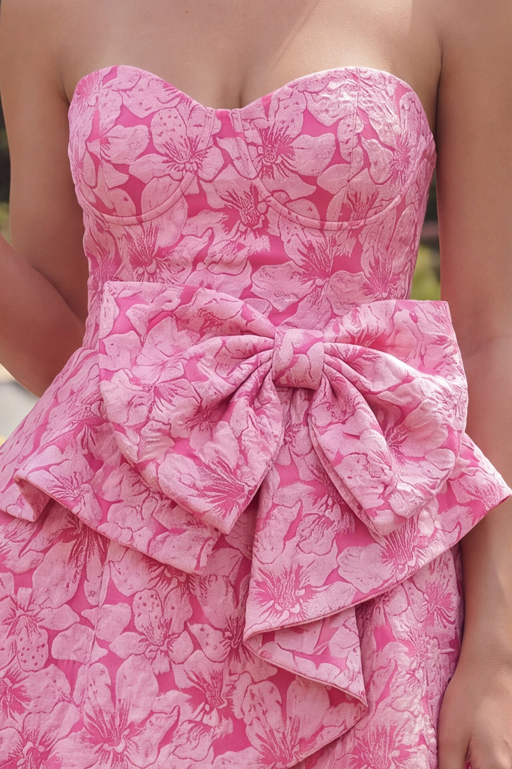 Strapless Bowed Floral A Line Fuchsia Mini Homecoming Dress