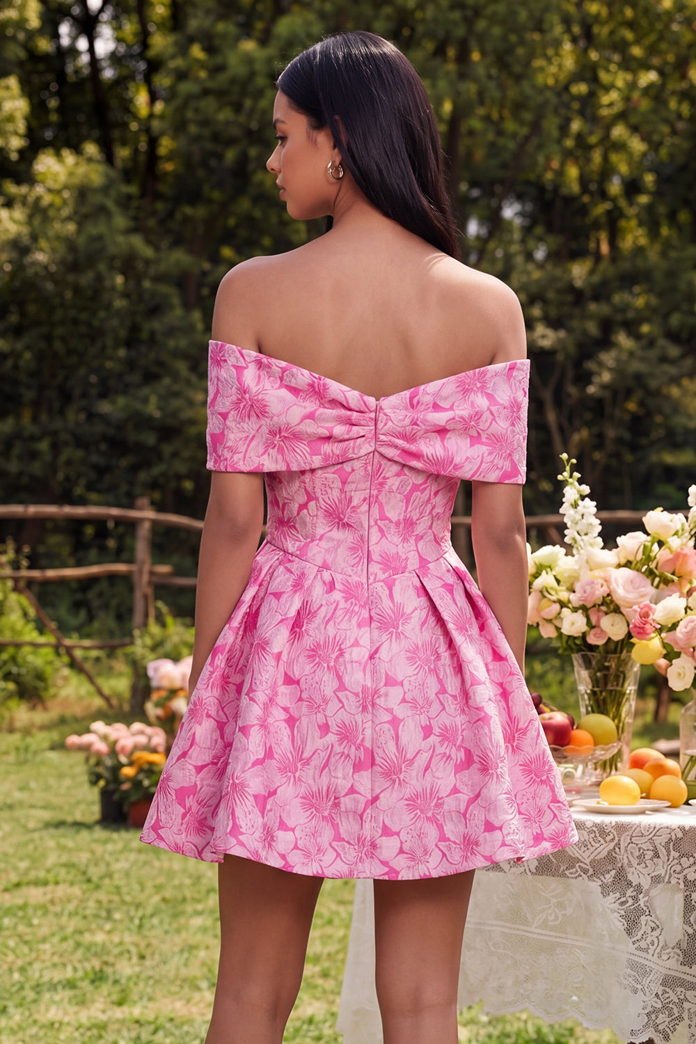 Off the Shoulder Bowed Fuchsia Floral A Line Mini Homecoming Dress